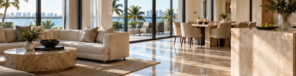 Miami living room with polished marble floors and a marble kitchen island
